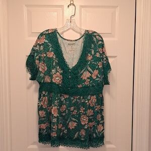 Bobeau Teal Floral Lace Blouse